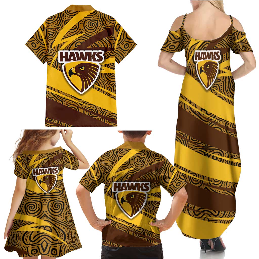 Hawthorn Hawks Australian Football Family Matching Summer Maxi Dress and Hawaiian Shirt Fierce Bird Mascot With Indigenous Pattern Art