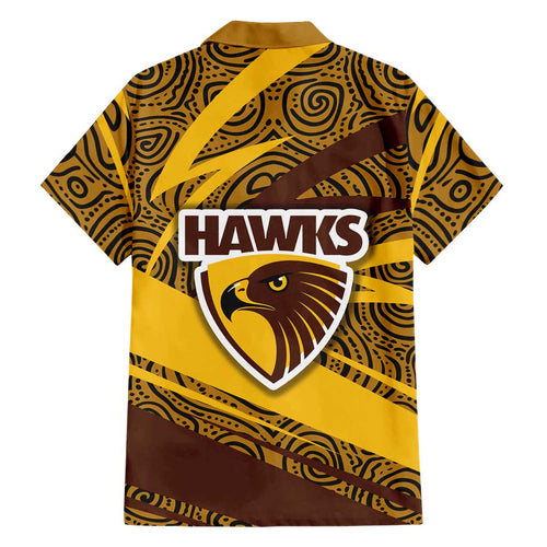 Hawthorn Hawks Australian Football Family Matching Summer Maxi Dress and Hawaiian Shirt Fierce Bird Mascot With Indigenous Pattern Art