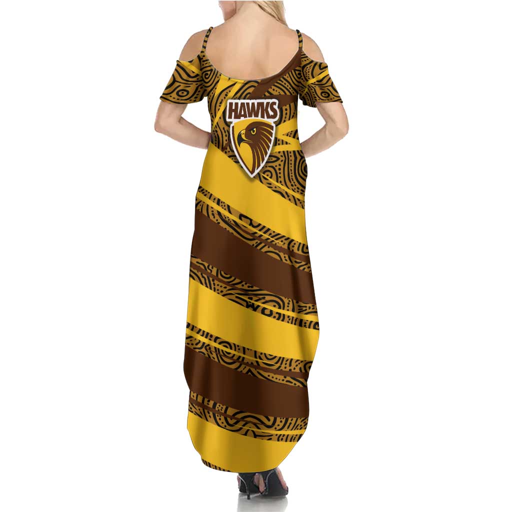 Hawthorn Hawks Australian Football Family Matching Summer Maxi Dress and Hawaiian Shirt Fierce Bird Mascot With Indigenous Pattern Art