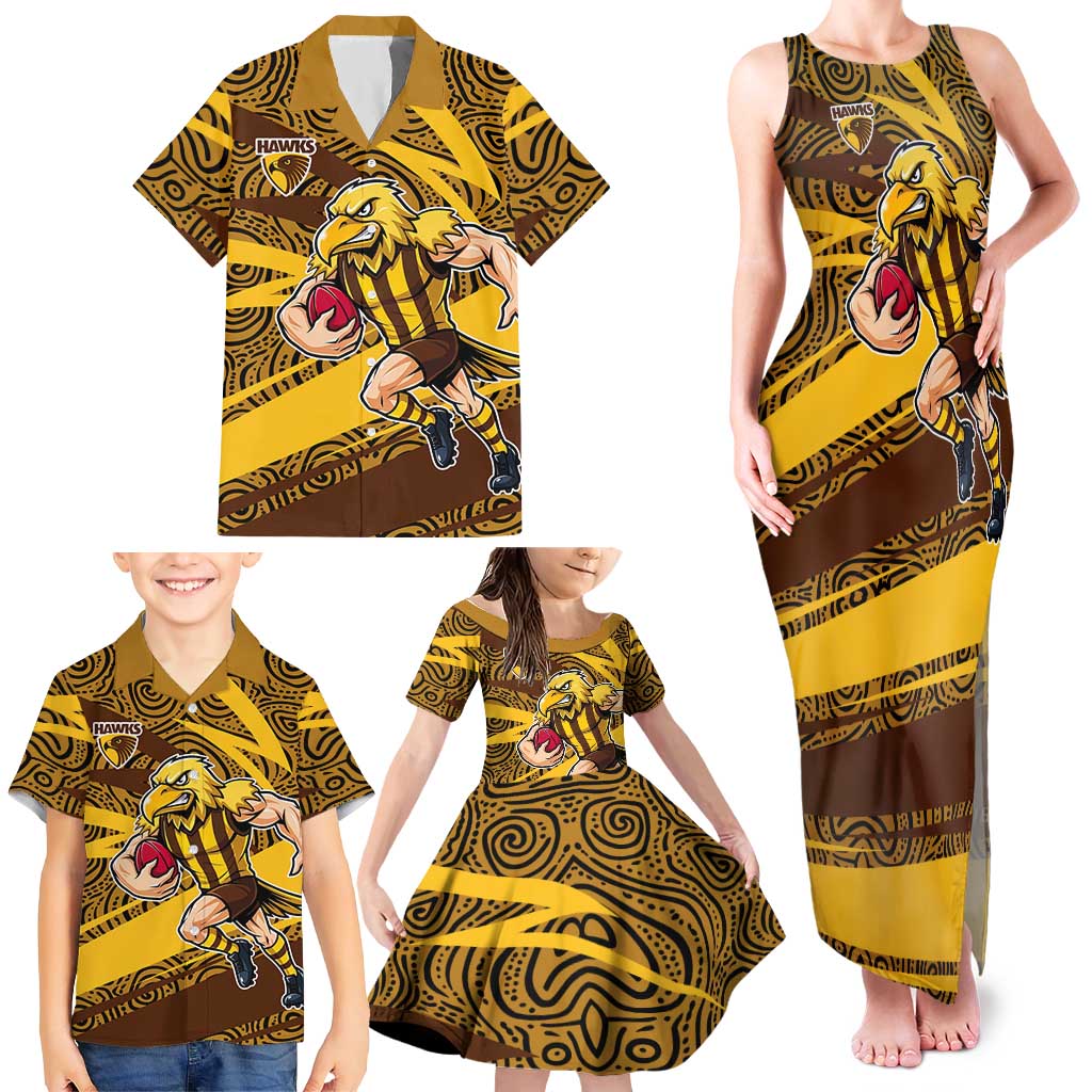 Hawthorn Hawks Australian Football Family Matching Tank Maxi Dress and Hawaiian Shirt Fierce Bird Mascot With Indigenous Pattern Art