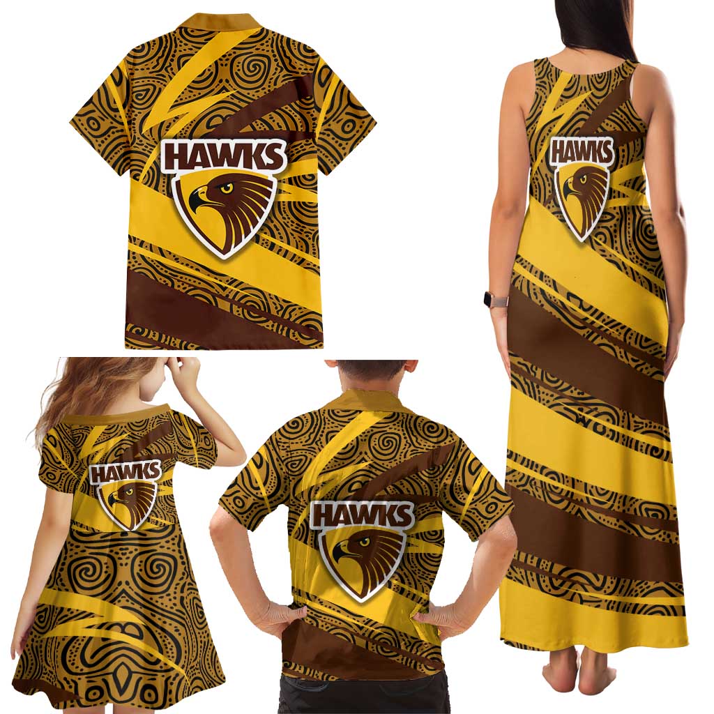 Hawthorn Hawks Australian Football Family Matching Tank Maxi Dress and Hawaiian Shirt Fierce Bird Mascot With Indigenous Pattern Art