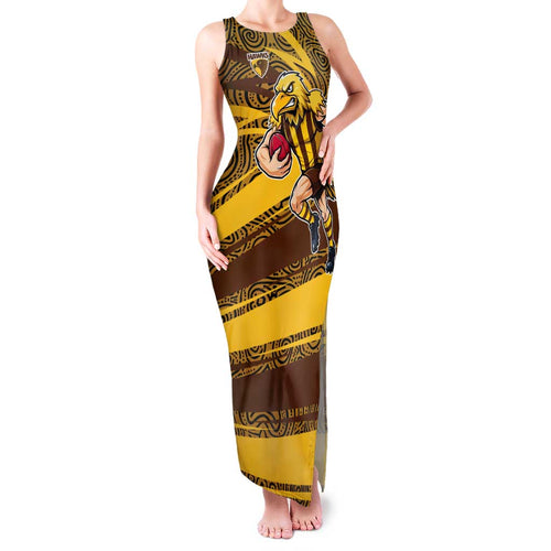 Hawthorn Hawks Australian Football Family Matching Tank Maxi Dress and Hawaiian Shirt Fierce Bird Mascot With Indigenous Pattern Art