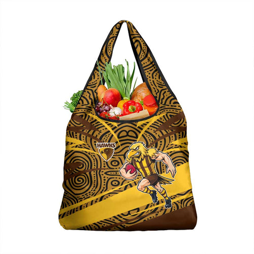 Hawthorn Hawks Australian Football Grocery Bag Fierce Bird Mascot With Indigenous Pattern Art