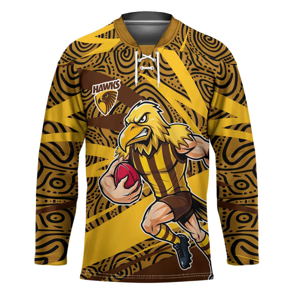 Hawthorn Hawks Australian Football Hockey Jersey Fierce Bird Mascot With Indigenous Pattern Art