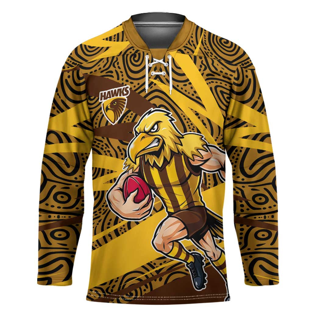 Hawthorn Hawks Australian Football Hockey Jersey Fierce Bird Mascot With Indigenous Pattern Art