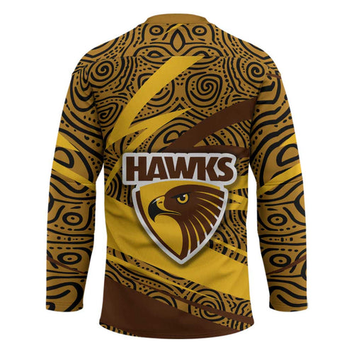 Hawthorn Hawks Australian Football Hockey Jersey Fierce Bird Mascot With Indigenous Pattern Art