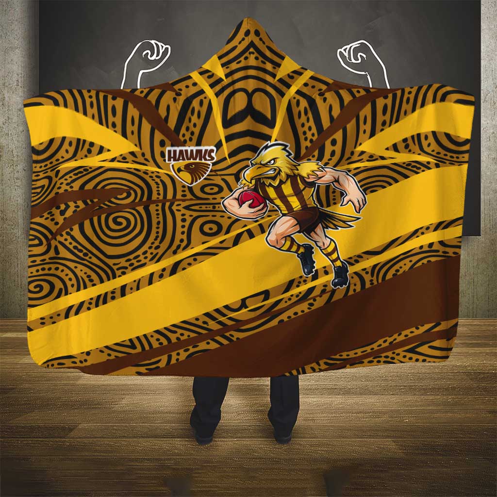 Hawthorn Hawks Australian Football Hooded Blanket Fierce Bird Mascot With Indigenous Pattern Art