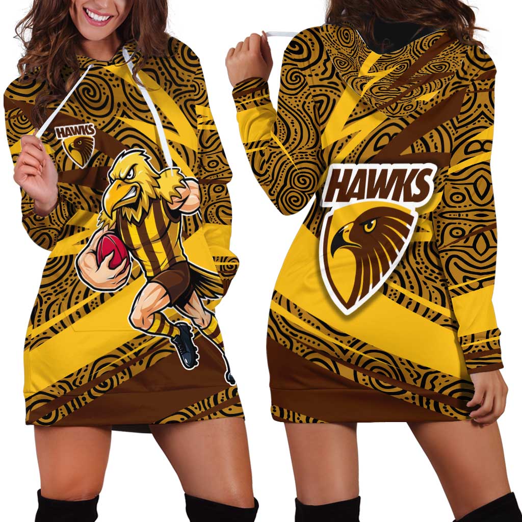 Hawthorn Hawks Australian Football Hoodie Dress Fierce Bird Mascot With Indigenous Pattern Art