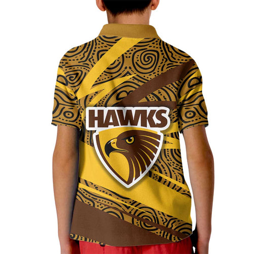 Hawthorn Hawks Australian Football Kid Polo Shirt Fierce Bird Mascot With Indigenous Pattern Art