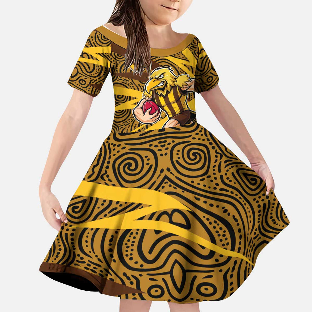 Hawthorn Hawks Australian Football Kid Short Sleeve Dress Fierce Bird Mascot With Indigenous Pattern Art