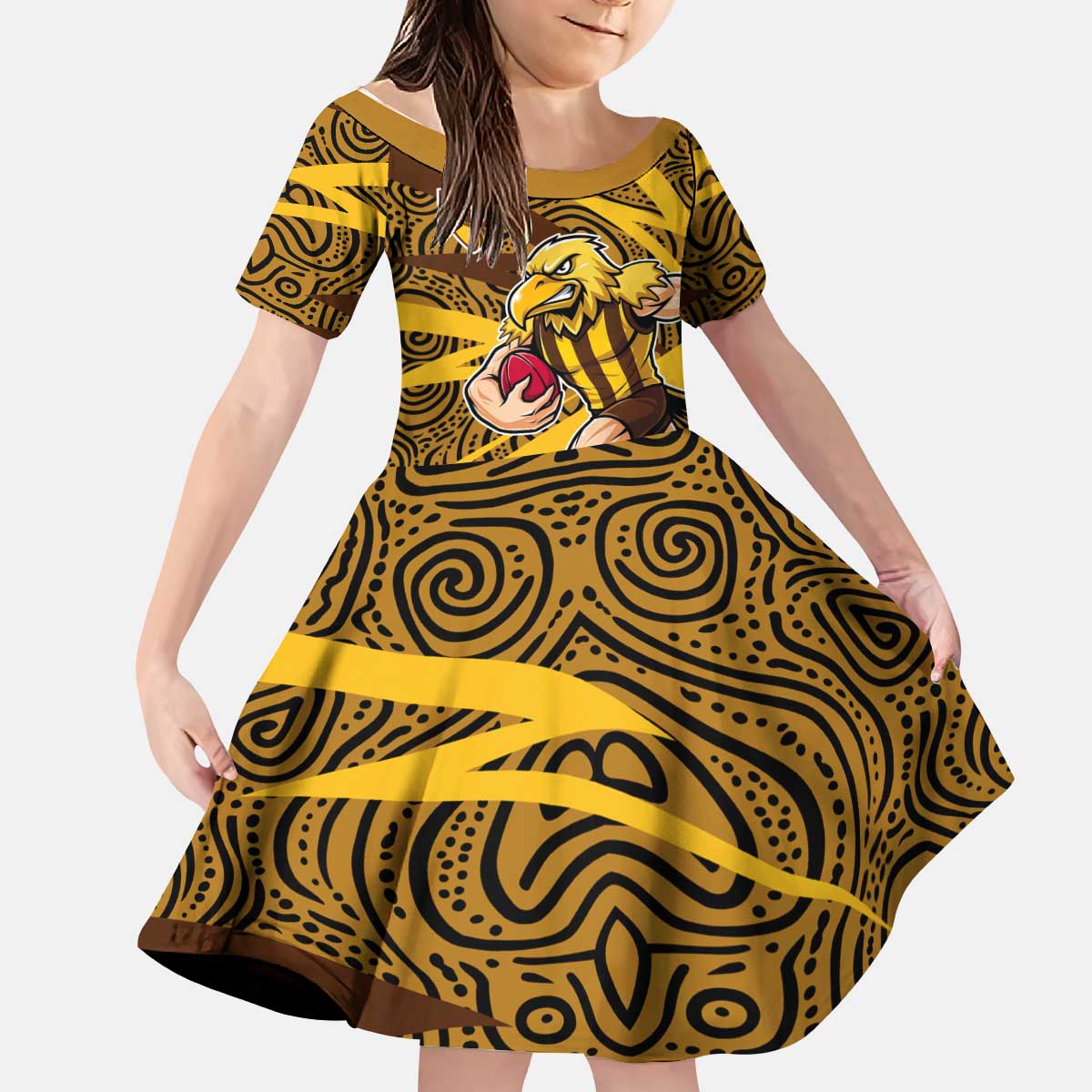 Hawthorn Hawks Australian Football Kid Short Sleeve Dress Fierce Bird Mascot With Indigenous Pattern Art