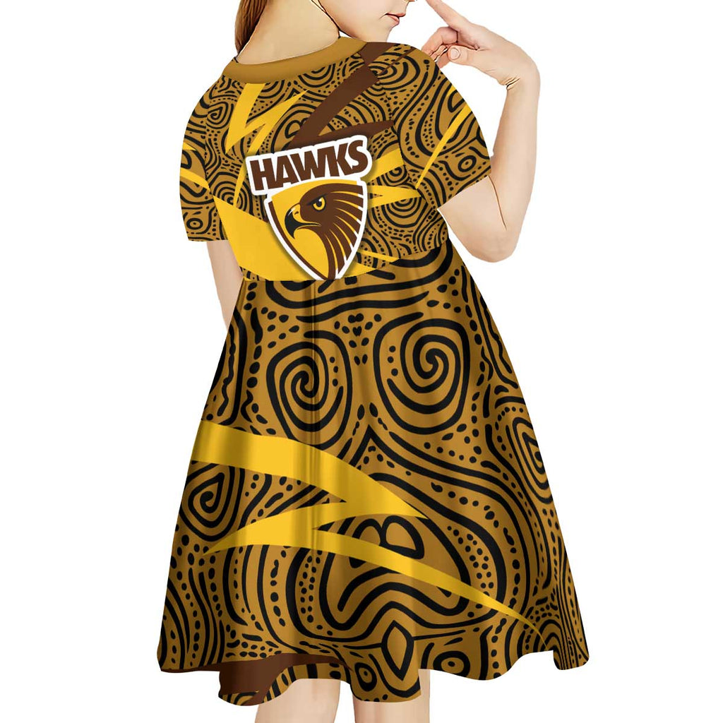 Hawthorn Hawks Australian Football Kid Short Sleeve Dress Fierce Bird Mascot With Indigenous Pattern Art
