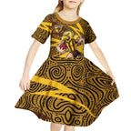 Hawthorn Hawks Australian Football Kid Short Sleeve Dress Fierce Bird Mascot With Indigenous Pattern Art