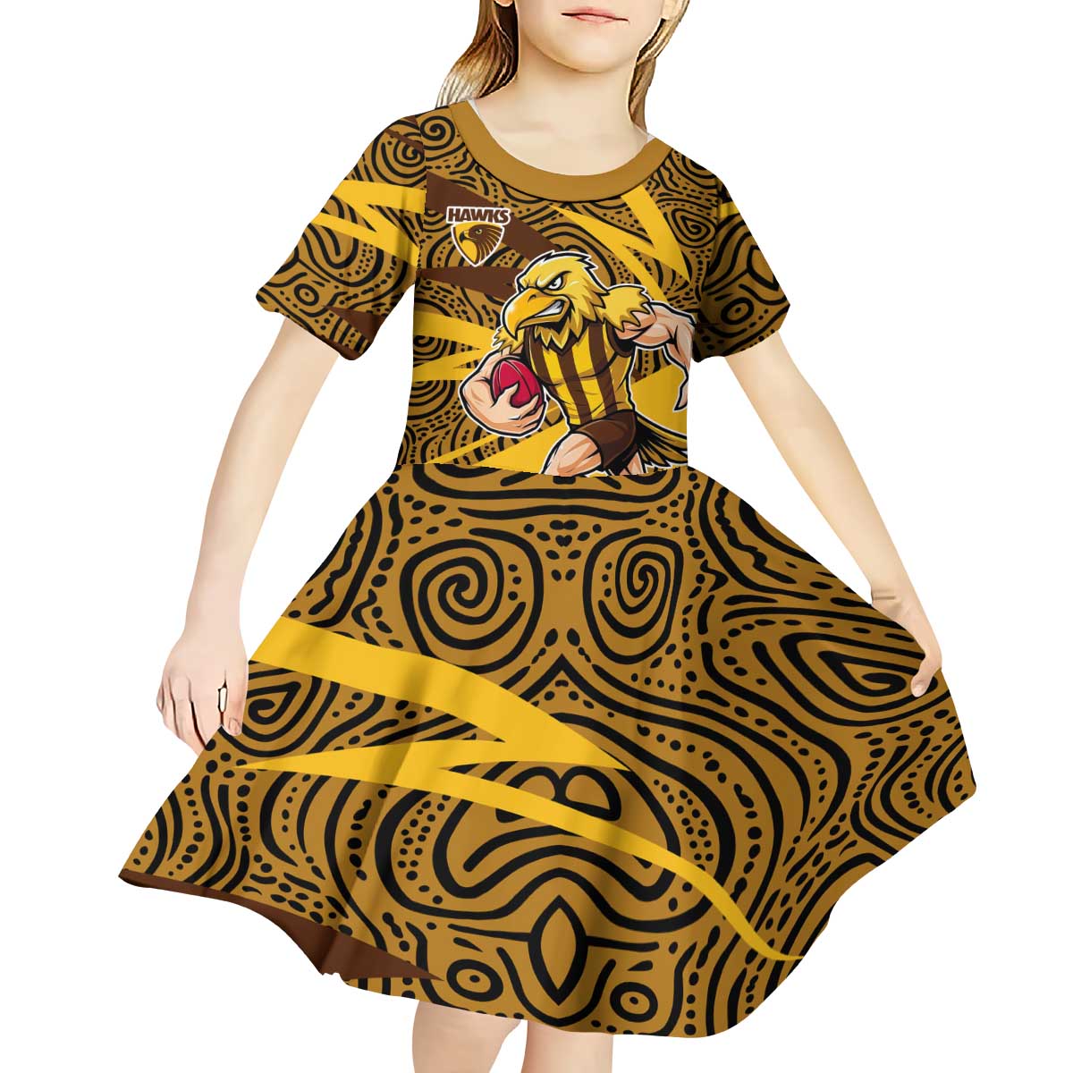 Hawthorn Hawks Australian Football Kid Short Sleeve Dress Fierce Bird Mascot With Indigenous Pattern Art