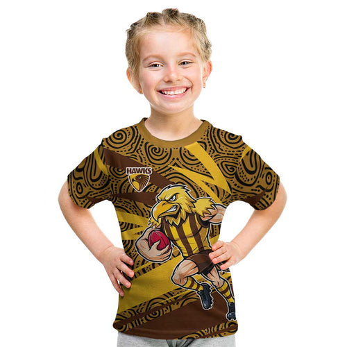 Hawthorn Hawks Australian Football Kid T Shirt Fierce Bird Mascot With Indigenous Pattern Art