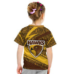 Hawthorn Hawks Australian Football Kid T Shirt Fierce Bird Mascot With Indigenous Pattern Art