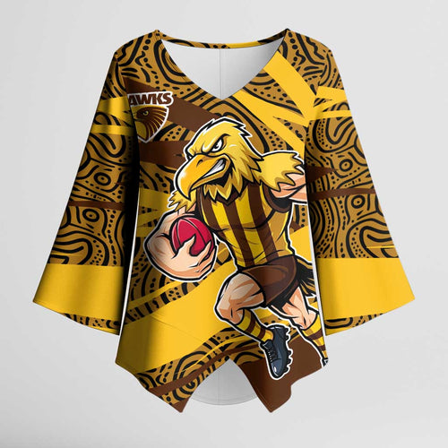 Hawthorn Hawks Australian Football Kimono Sleeve Blouse Fierce Bird Mascot With Indigenous Pattern Art