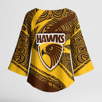Hawthorn Hawks Australian Football Kimono Sleeve Blouse Fierce Bird Mascot With Indigenous Pattern Art
