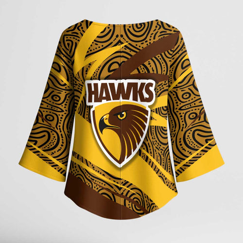 Hawthorn Hawks Australian Football Kimono Sleeve Blouse Fierce Bird Mascot With Indigenous Pattern Art
