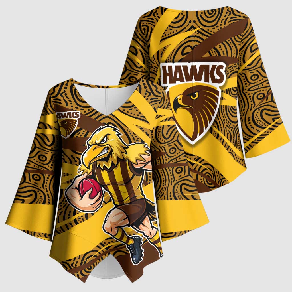 Hawthorn Hawks Australian Football Kimono Sleeve Blouse Fierce Bird Mascot With Indigenous Pattern Art