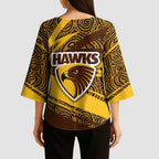 Hawthorn Hawks Australian Football Kimono Sleeve Blouse Fierce Bird Mascot With Indigenous Pattern Art