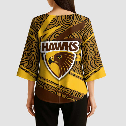 Hawthorn Hawks Australian Football Kimono Sleeve Blouse Fierce Bird Mascot With Indigenous Pattern Art