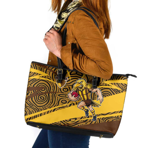 Hawthorn Hawks Australian Football Leather Tote Bag Fierce Bird Mascot With Indigenous Pattern Art