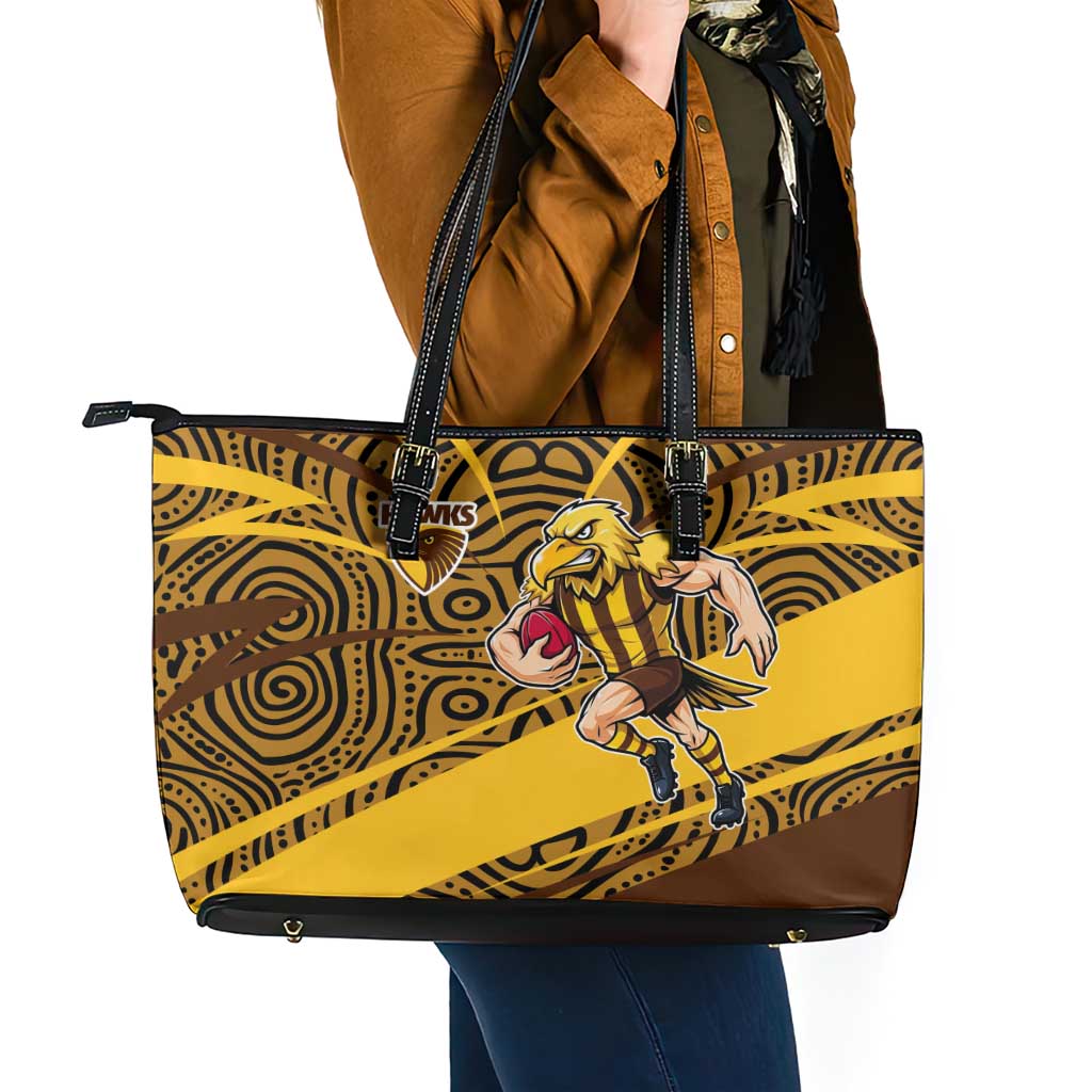 Hawthorn Hawks Australian Football Leather Tote Bag Fierce Bird Mascot With Indigenous Pattern Art