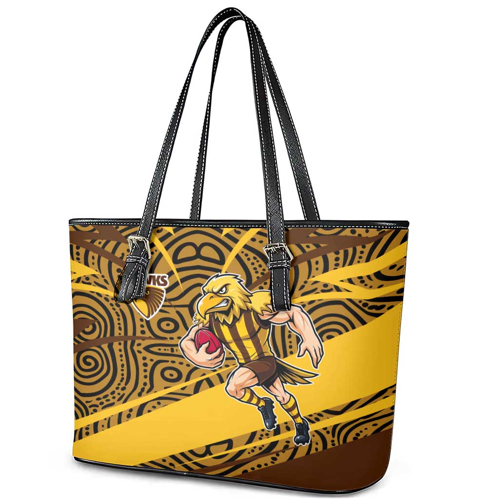 Hawthorn Hawks Australian Football Leather Tote Bag Fierce Bird Mascot With Indigenous Pattern Art