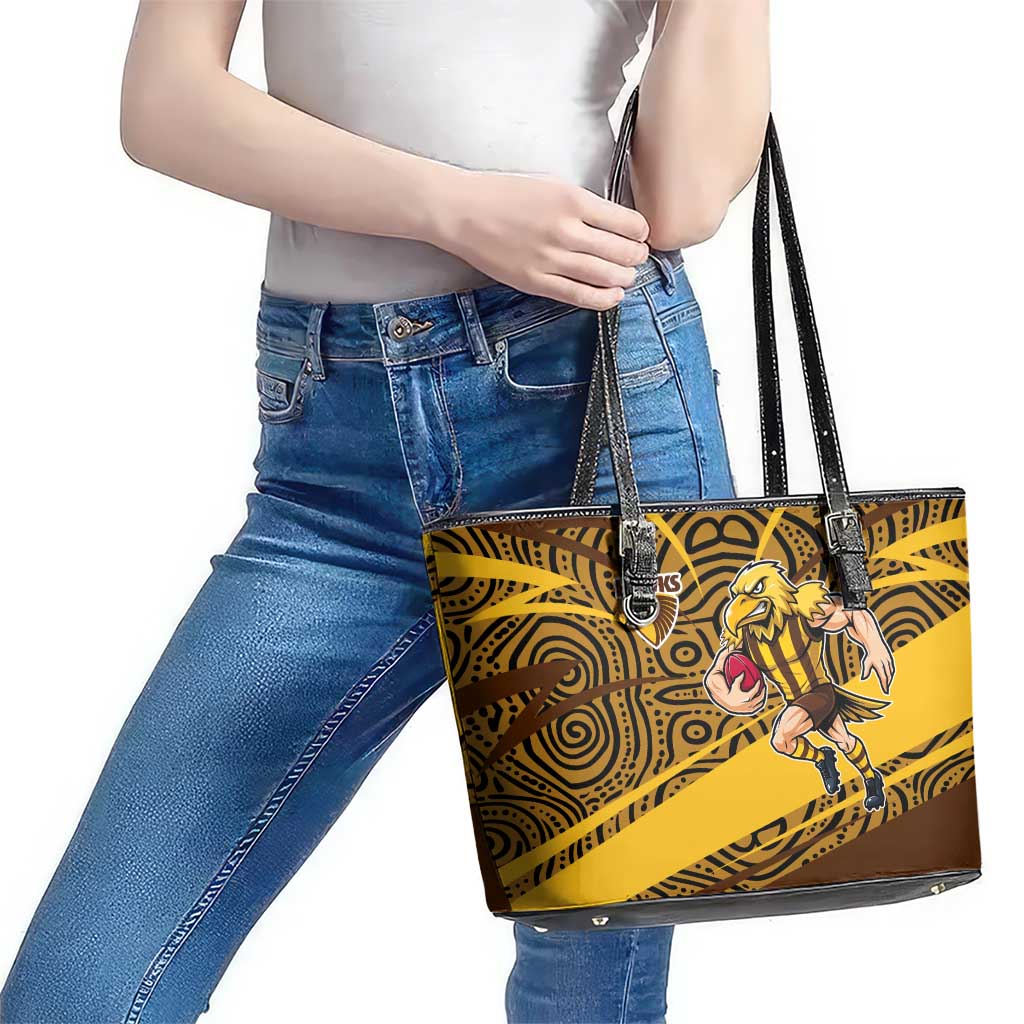 Hawthorn Hawks Australian Football Leather Tote Bag Fierce Bird Mascot With Indigenous Pattern Art