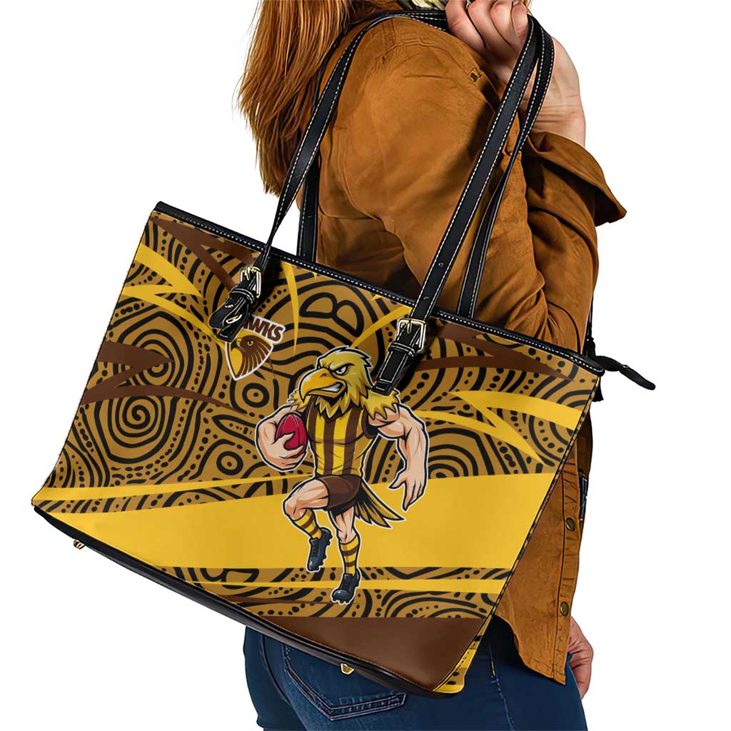 Hawthorn Hawks Australian Football Leather Tote Bag Fierce Bird Mascot With Indigenous Pattern Art