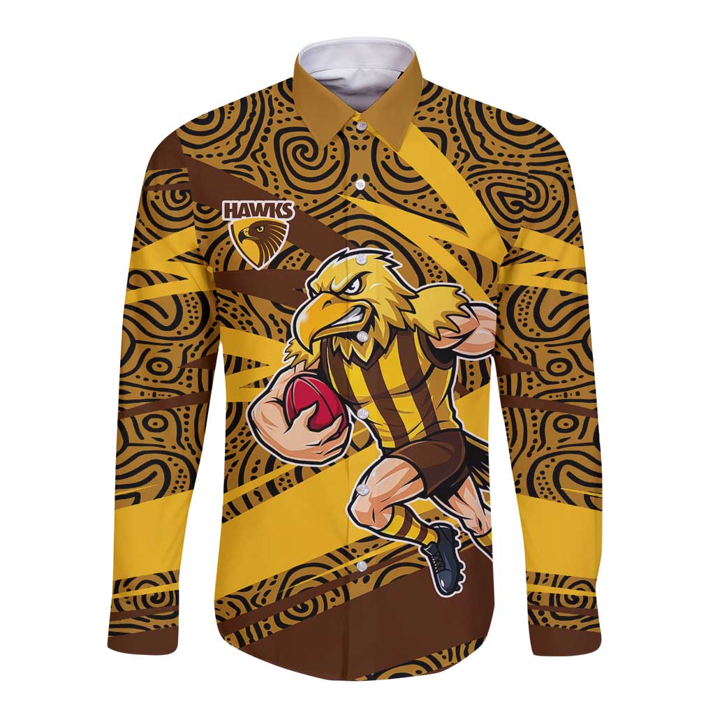 Hawthorn Hawks Australian Football Long Sleeve Button Shirt Fierce Bird Mascot With Indigenous Pattern Art