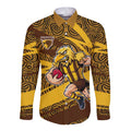 Hawthorn Hawks Australian Football Long Sleeve Button Shirt Fierce Bird Mascot With Indigenous Pattern Art