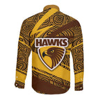 Hawthorn Hawks Australian Football Long Sleeve Button Shirt Fierce Bird Mascot With Indigenous Pattern Art