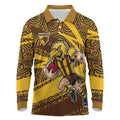 Hawthorn Hawks Australian Football Long Sleeve Polo Shirt Fierce Bird Mascot With Indigenous Pattern Art