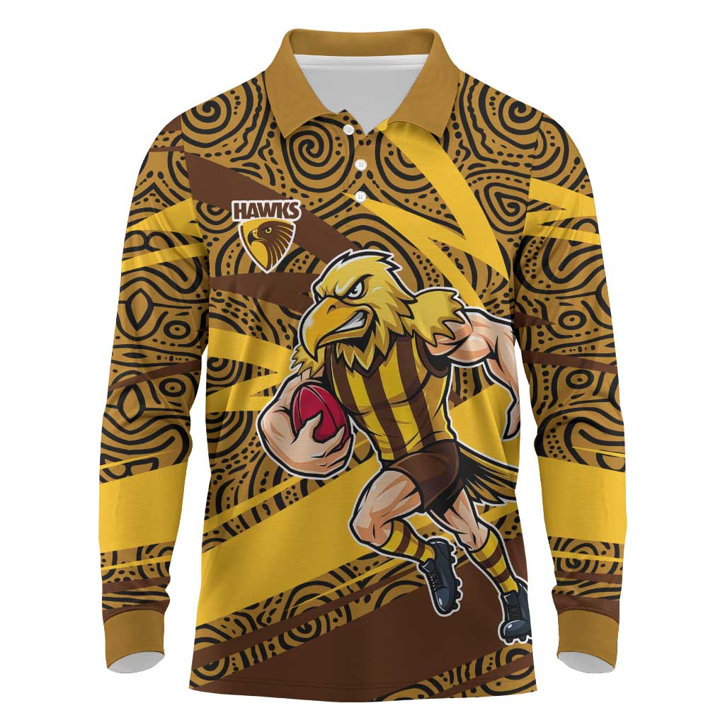 Hawthorn Hawks Australian Football Long Sleeve Polo Shirt Fierce Bird Mascot With Indigenous Pattern Art