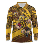 Hawthorn Hawks Australian Football Long Sleeve Polo Shirt Fierce Bird Mascot With Indigenous Pattern Art