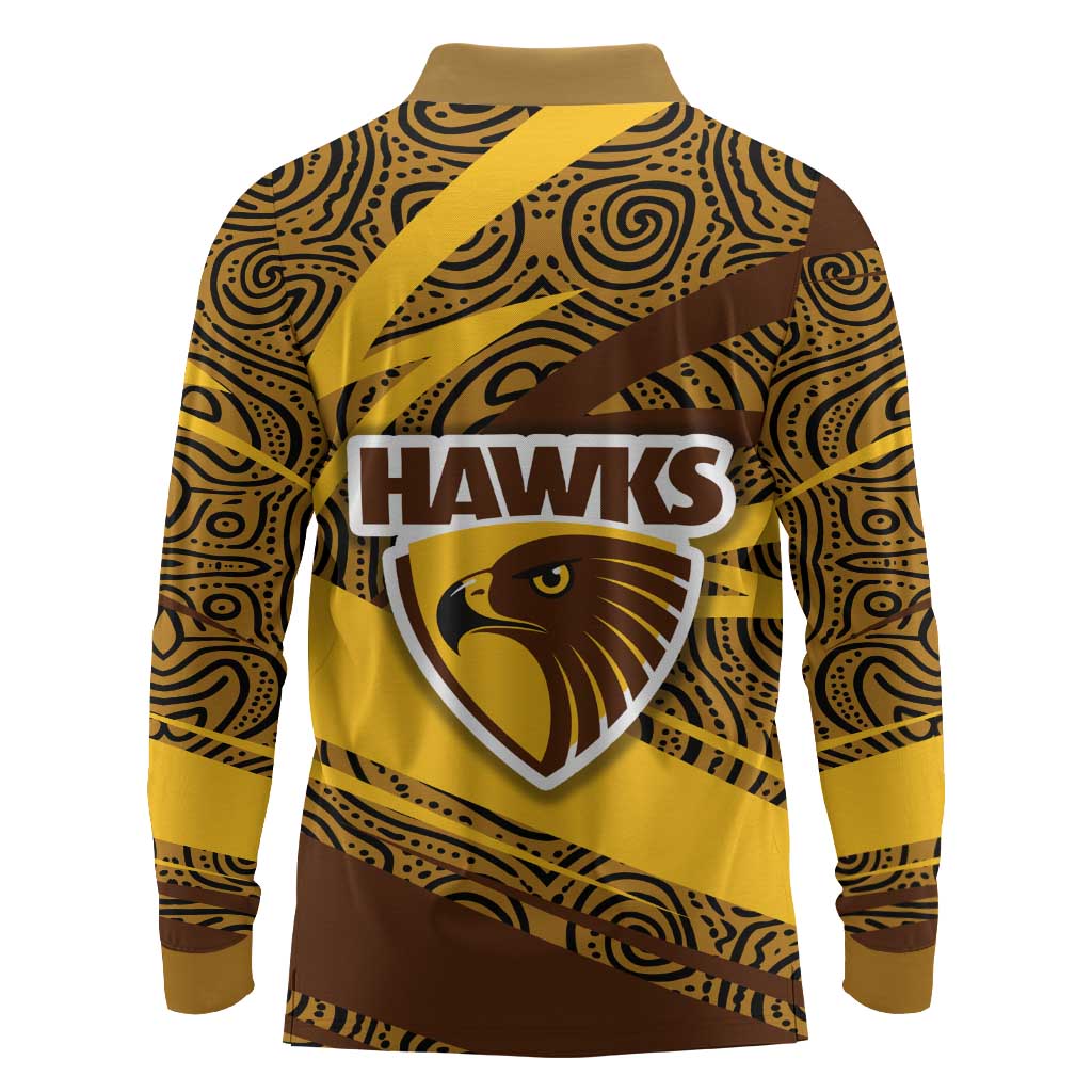Hawthorn Hawks Australian Football Long Sleeve Polo Shirt Fierce Bird Mascot With Indigenous Pattern Art