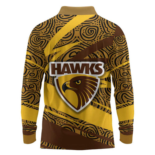 Hawthorn Hawks Australian Football Long Sleeve Polo Shirt Fierce Bird Mascot With Indigenous Pattern Art