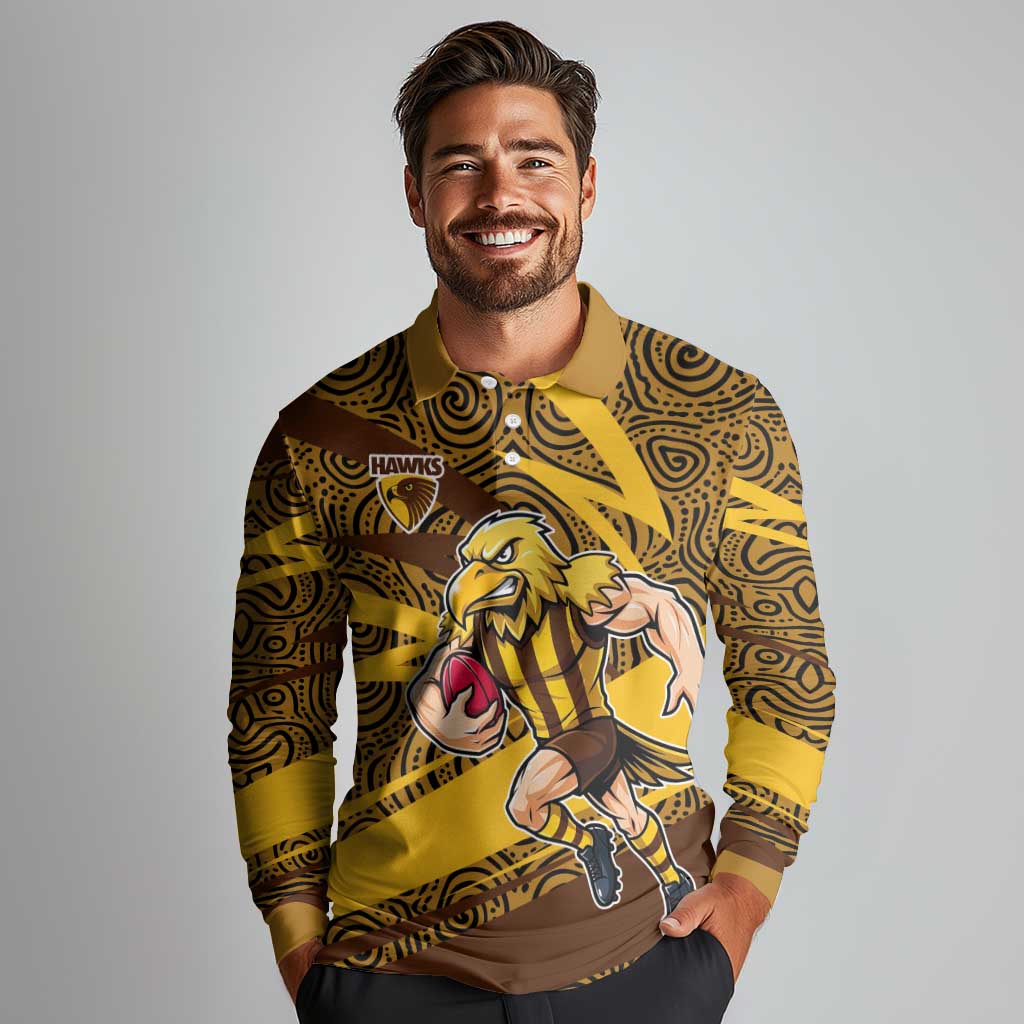 Hawthorn Hawks Australian Football Long Sleeve Polo Shirt Fierce Bird Mascot With Indigenous Pattern Art