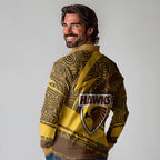 Hawthorn Hawks Australian Football Long Sleeve Polo Shirt Fierce Bird Mascot With Indigenous Pattern Art