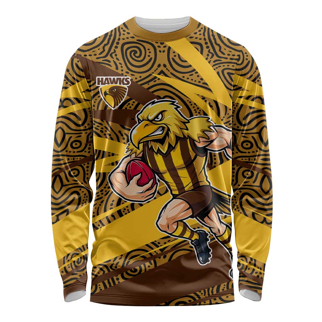 Hawthorn Hawks Australian Football Long Sleeve Shirt Fierce Bird Mascot With Indigenous Pattern Art