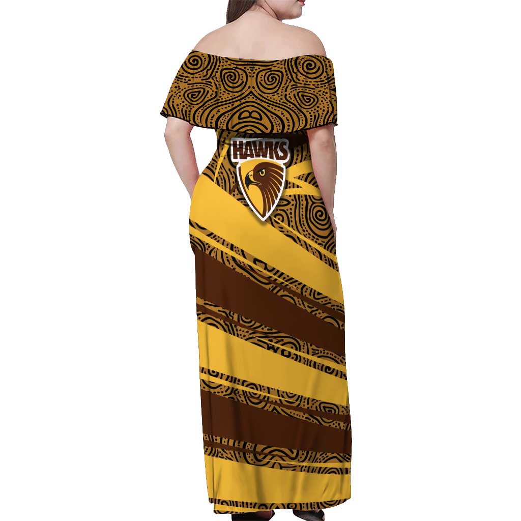 Hawthorn Hawks Australian Football Off Shoulder Maxi Dress Fierce Bird Mascot With Indigenous Pattern Art
