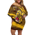 Hawthorn Hawks Australian Football Off Shoulder Short Dress Fierce Bird Mascot With Indigenous Pattern Art