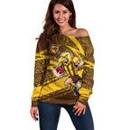 Hawthorn Hawks Australian Football Off Shoulder Sweater Fierce Bird Mascot With Indigenous Pattern Art