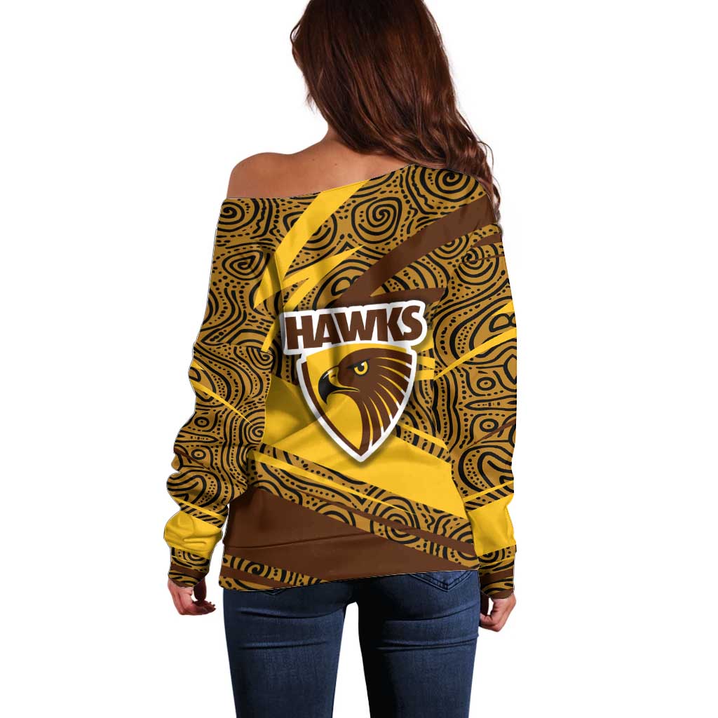 Hawthorn Hawks Australian Football Off Shoulder Sweater Fierce Bird Mascot With Indigenous Pattern Art