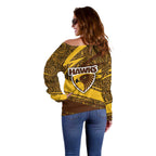 Hawthorn Hawks Australian Football Off Shoulder Sweater Fierce Bird Mascot With Indigenous Pattern Art