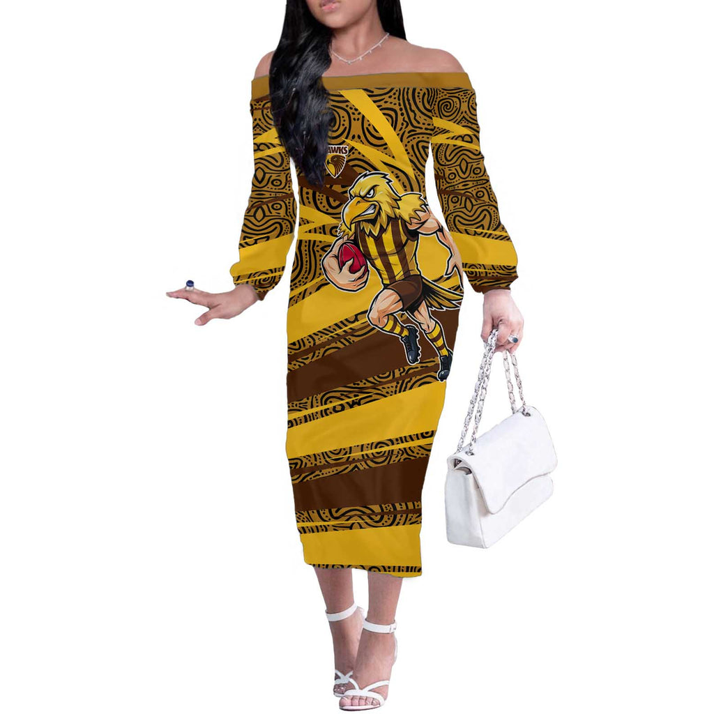 Hawthorn Hawks Australian Football Off The Shoulder Long Sleeve Dress Fierce Bird Mascot With Indigenous Pattern Art