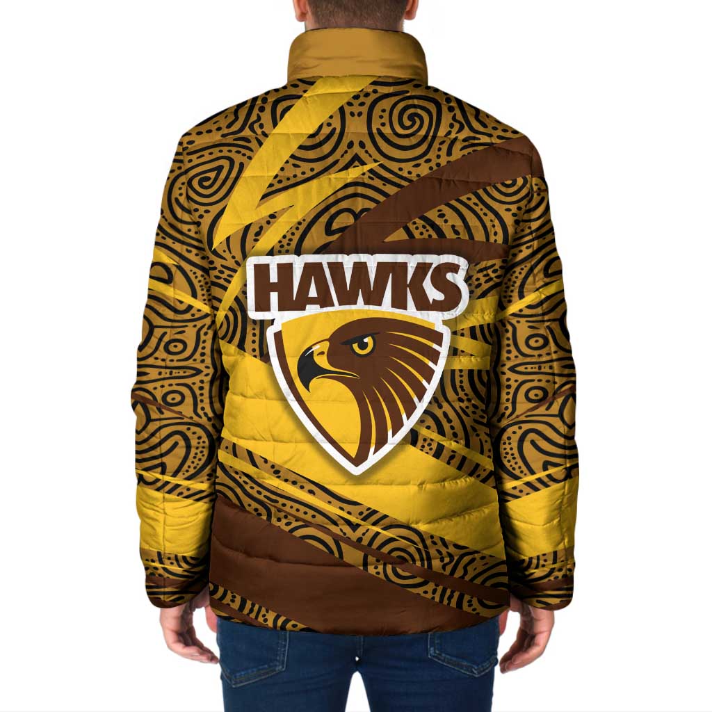 Hawthorn Hawks Australian Football Padded Jacket Fierce Bird Mascot With Indigenous Pattern Art