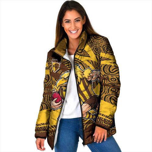 Hawthorn Hawks Australian Football Padded Jacket Fierce Bird Mascot With Indigenous Pattern Art